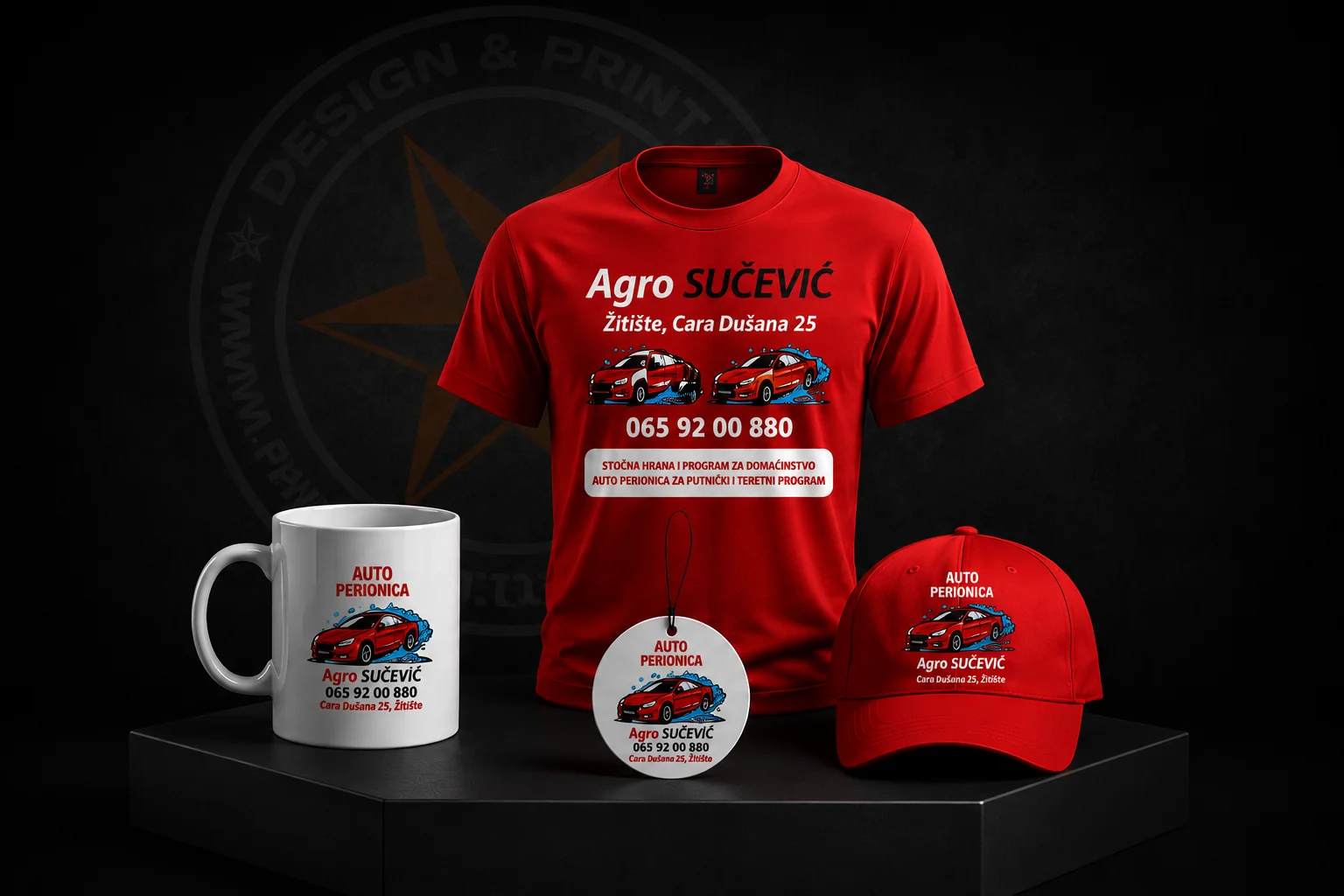 Crvena majica, šolja, auto osveživač i kačket brendirani za Agro Sučević