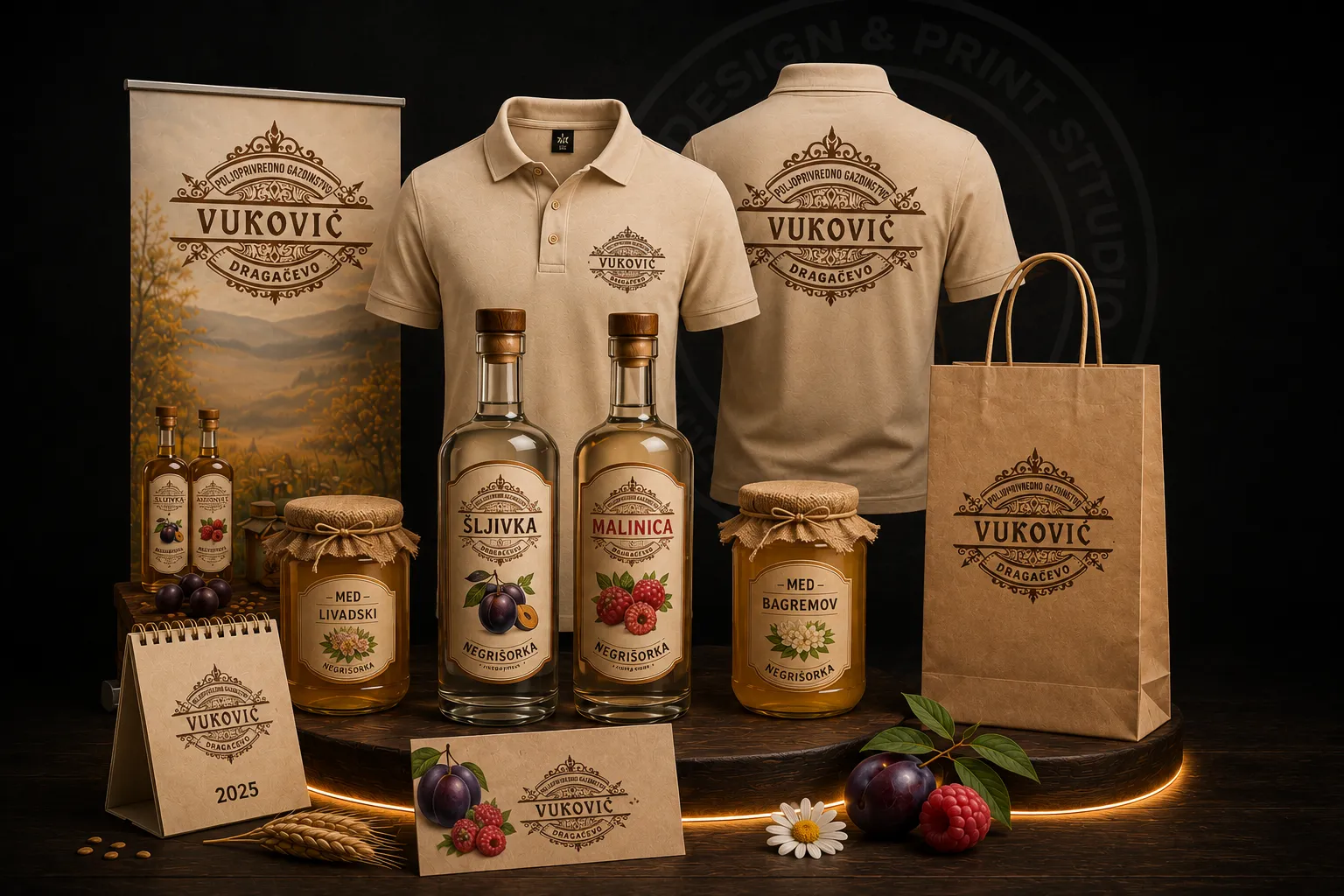 Promo tekstil, rakija, med, kalendar, papirna kesa i štampani materijal gazdinstva Vuković
